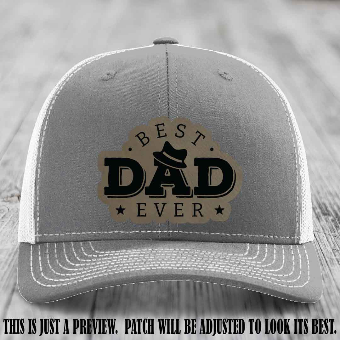 Best Dad Ever Fedora Swag 🤠 Leather Patch Hat – Light Brown to Black Patch on Heather Grey to White Hat Richardson 112 Hat