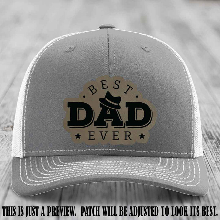 Best Dad Ever Fedora Swag 🤠 Leather Patch Hat – Light Brown to Black Patch on Heather Grey to White Hat Richardson 112 Hat