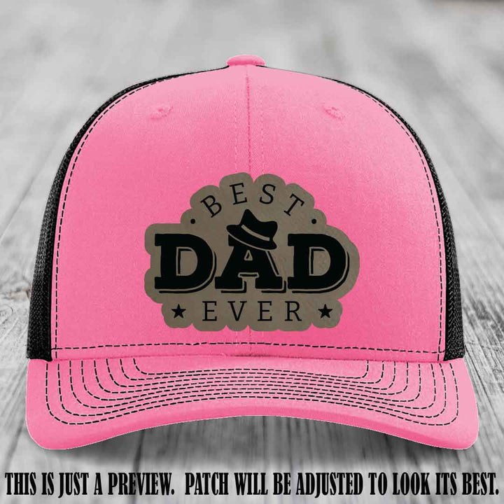 Best Dad Ever Fedora Swag 🤠 Leather Patch Hat – Light Brown to Black Patch on Hot Pink to Black Hat Richardson 112 Hat