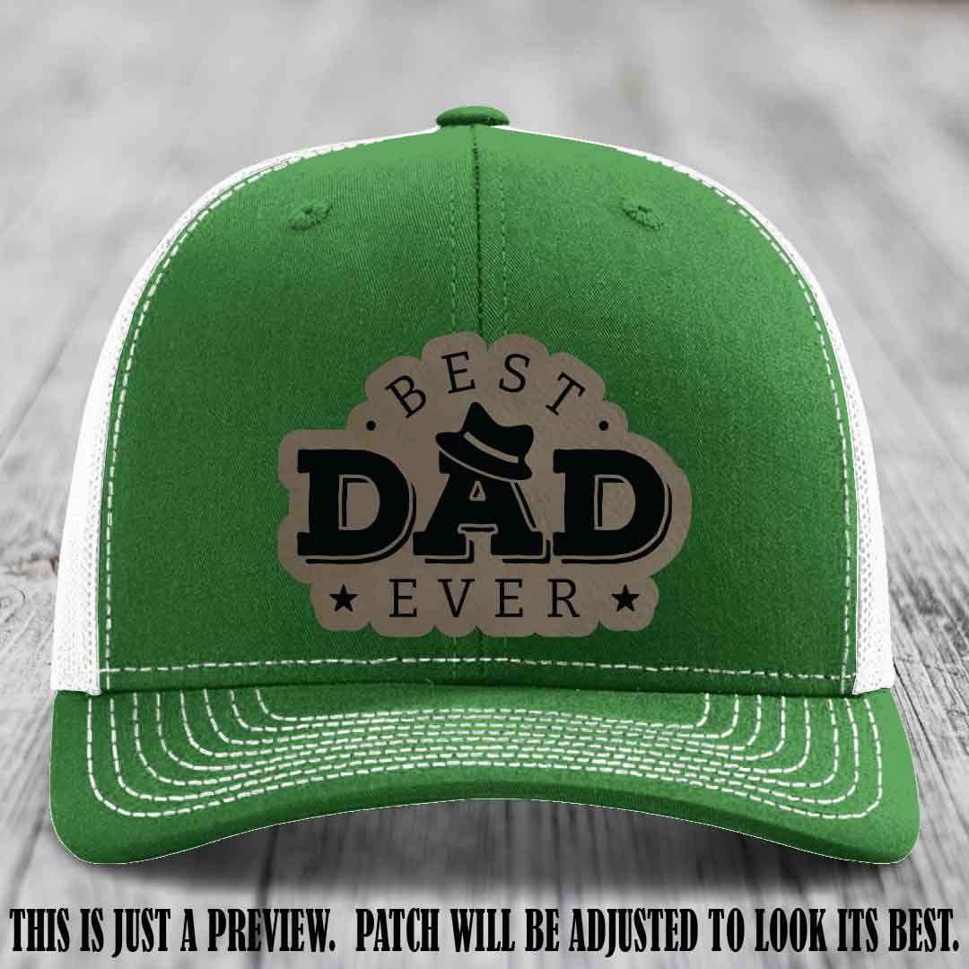 Best Dad Ever Fedora Swag 🤠 Leather Patch Hat – Light Brown to Black Patch on Kelly to White Hat Richardson 112 Hat