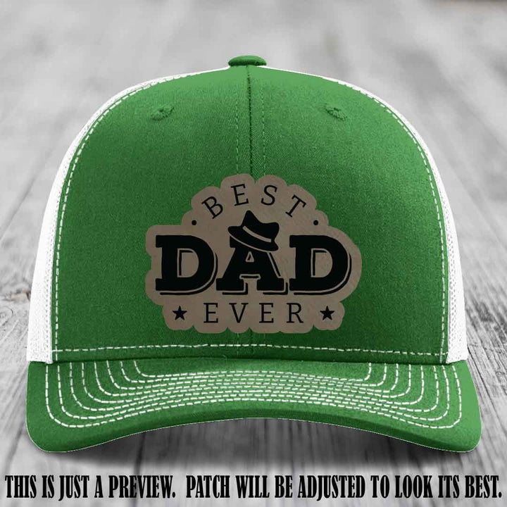 Best Dad Ever Fedora Swag 🤠 Leather Patch Hat – Light Brown to Black Patch on Kelly to White Hat Richardson 112 Hat
