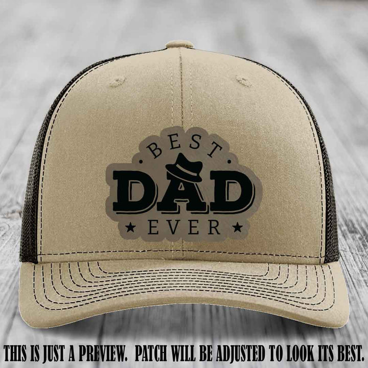 Best Dad Ever Fedora Swag 🤠 Leather Patch Hat – Light Brown to Black Patch on Khaki to Coffee Hat Richardson 112 Hat