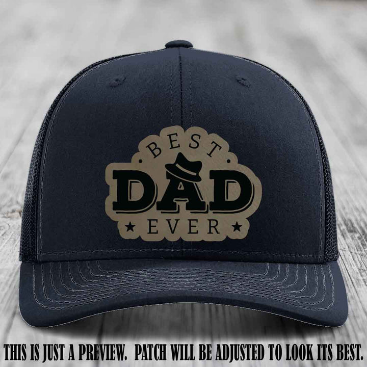 Best Dad Ever Fedora Swag 🤠 Leather Patch Hat – Light Brown to Black Patch on Navy Hat Richardson 112 Hat