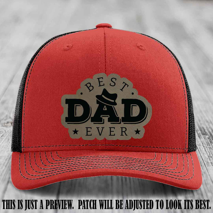 Best Dad Ever Fedora Swag 🤠 Leather Patch Hat – Light Brown to Black Patch on Red to Black Hat Richardson 112 Hat