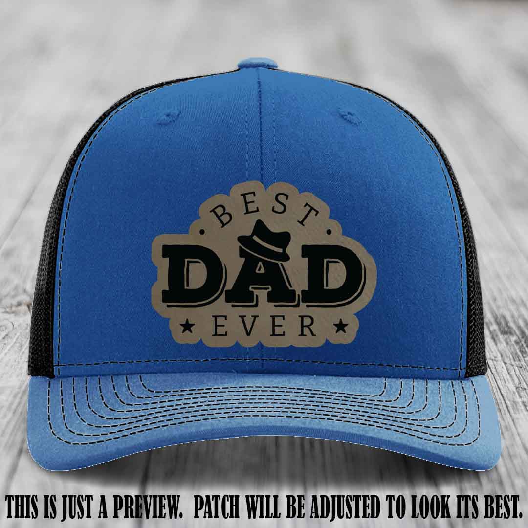 Best Dad Ever Fedora Swag 🤠 Leather Patch Hat – Light Brown to Black Patch on Royal to Black Hat Richardson 112 Hat