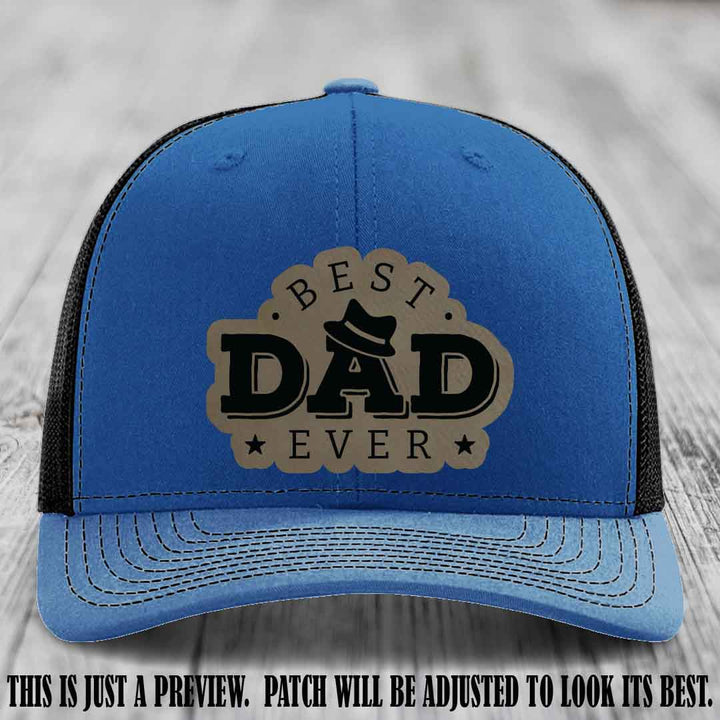 Best Dad Ever Fedora Swag 🤠 Leather Patch Hat – Light Brown to Black Patch on Royal to Black Hat Richardson 112 Hat