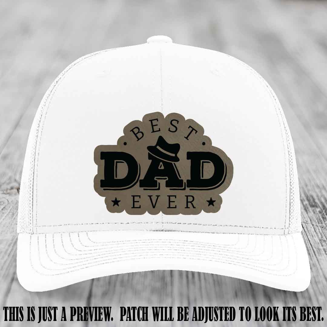 Best Dad Ever Fedora Swag 🤠 Leather Patch Hat – Light Brown to Black Patch on White Hat Richardson 112 Hat