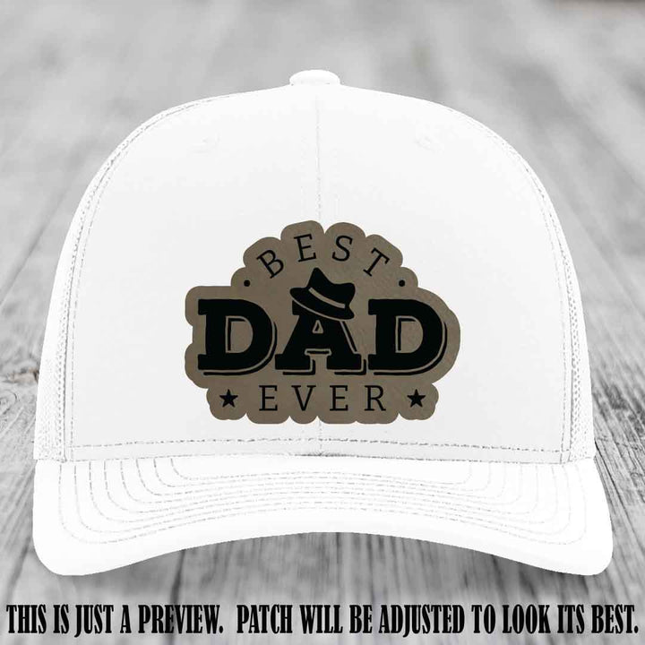 Best Dad Ever Fedora Swag 🤠 Leather Patch Hat – Light Brown to Black Patch on White Hat Richardson 112 Hat