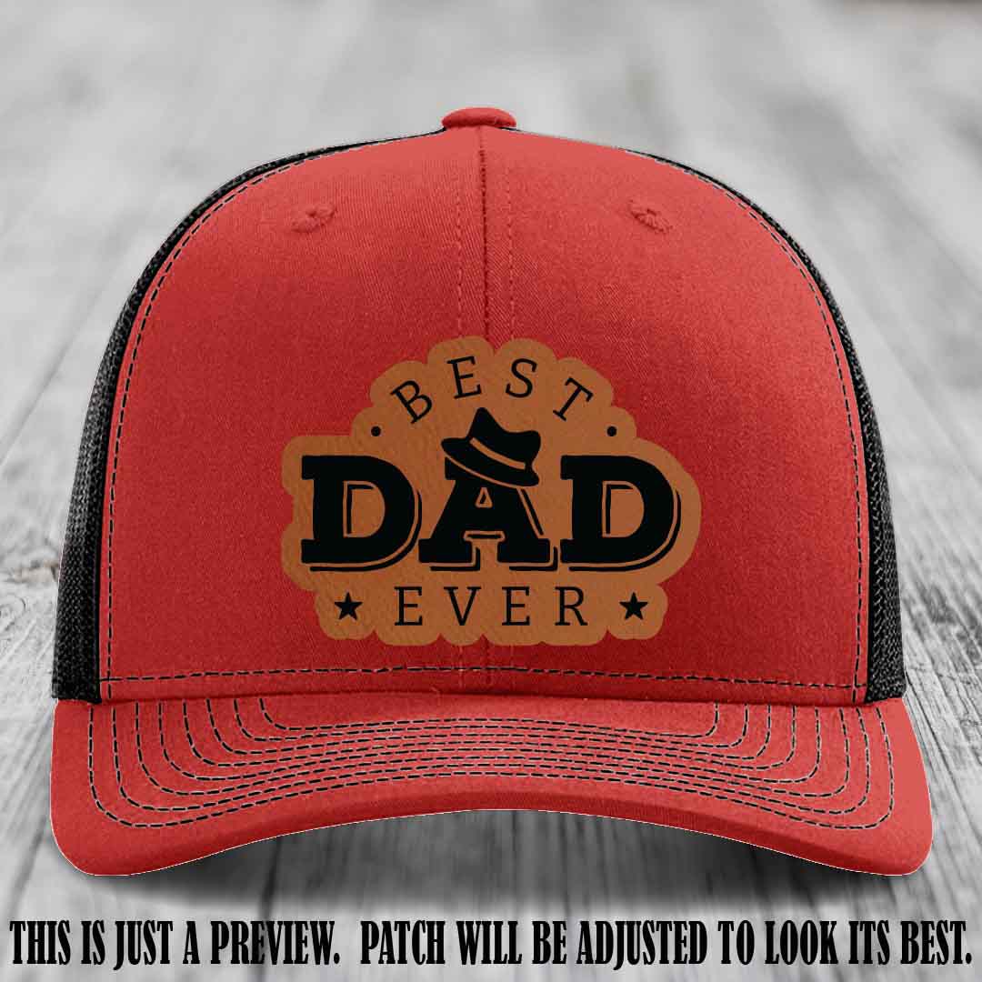 Best Dad Ever Fedora Swag 🤠 Leather Patch Hat – Rawhide to Black Patch on Red to Black Hat Richardson 112 Hat