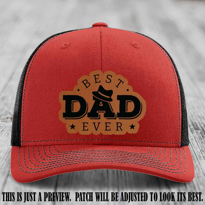 Best Dad Ever Fedora Swag 🤠 Leather Patch Hat – Rawhide to Black Patch on Red to Black Hat Richardson 112 Hat