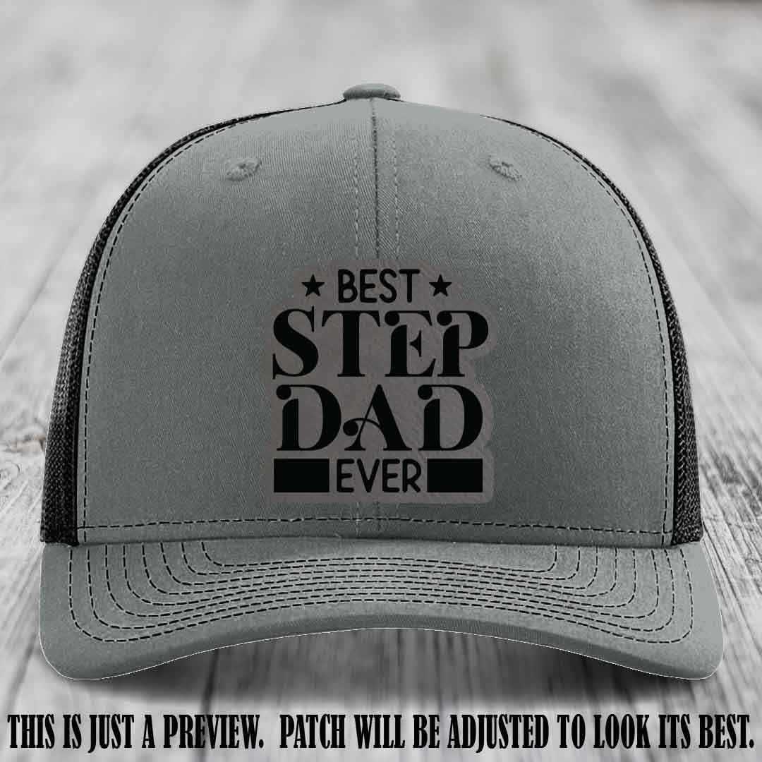 Grey to Black patch on a Heather Grey to Black Hat - Best Stepdad Ever leather patch hat
