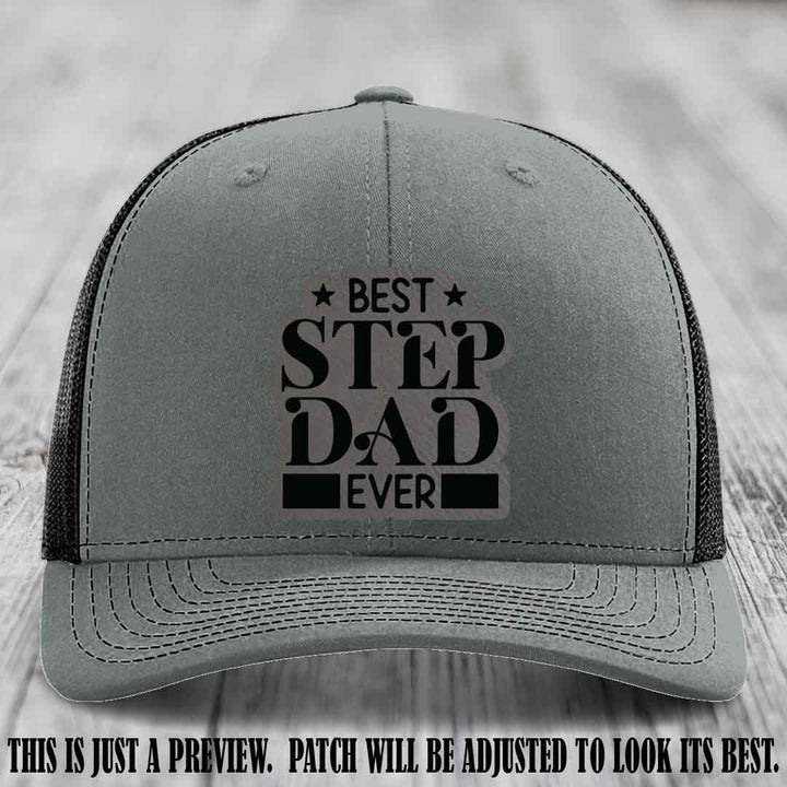 Grey to Black patch on a Heather Grey to Black Hat - Best Stepdad Ever leather patch hat