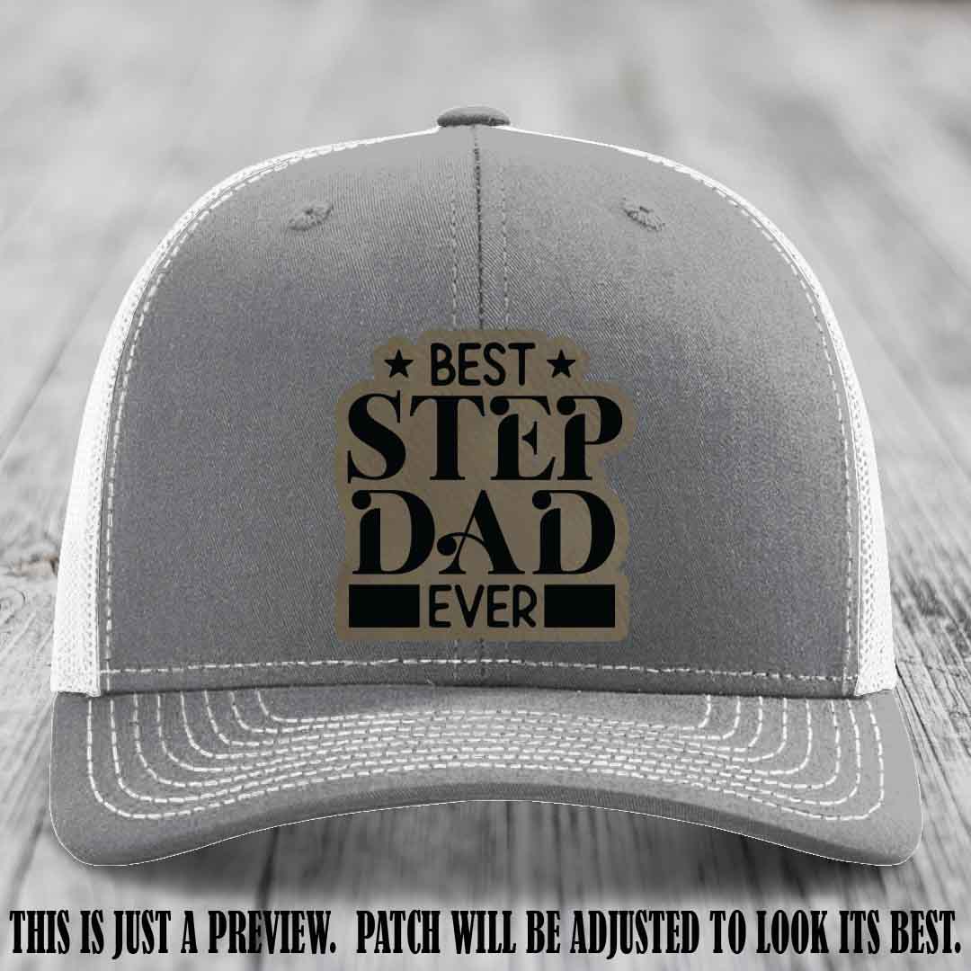 Light Brown to Black patch on a Heather Grey to White Hat - Best Stepdad Ever leather patch hat