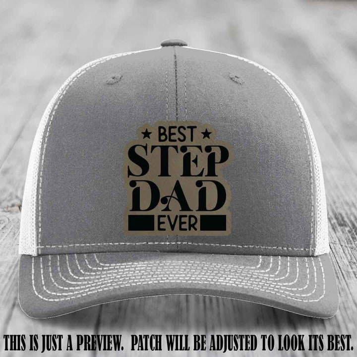 Light Brown to Black patch on a Heather Grey to White Hat - Best Stepdad Ever leather patch hat