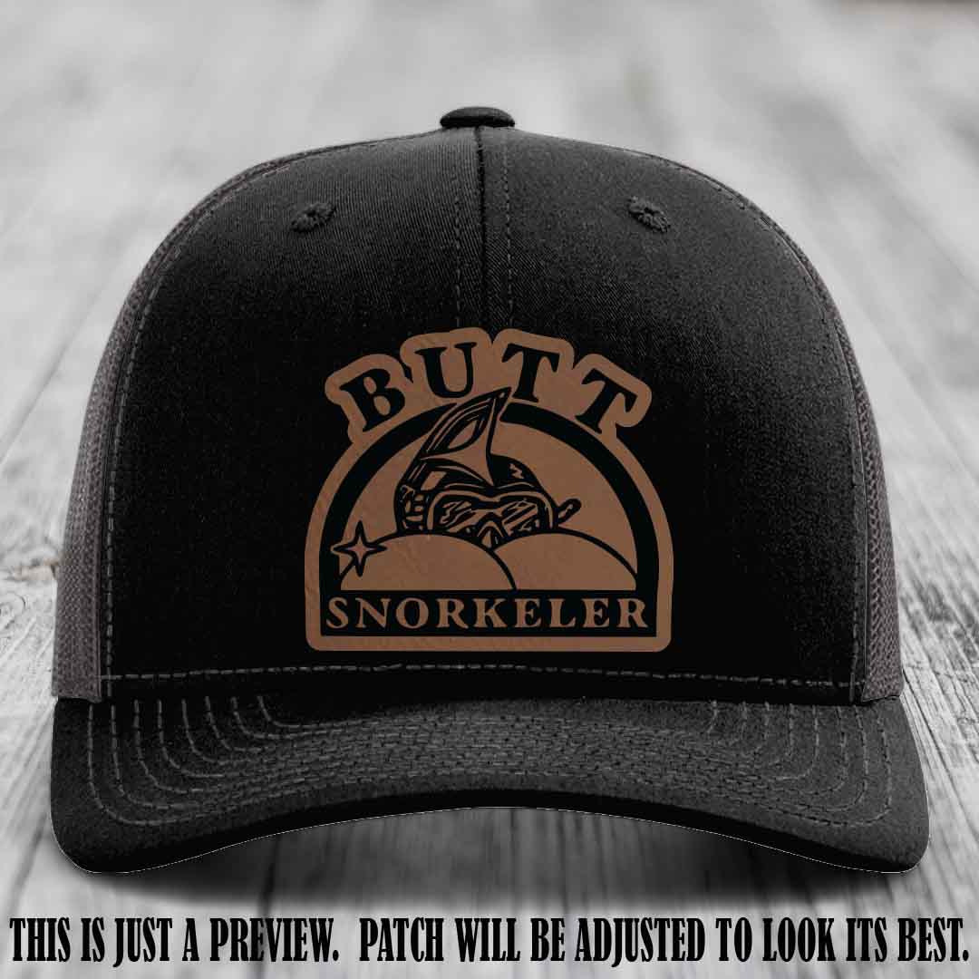 Dark Brown to Black Patch on Black to Charcoal Hat - Butt Snorkeler Richardson 112 Leather Patch Hat