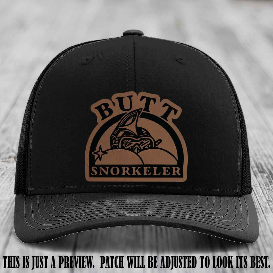 Dark Brown to Black Patch on Black Hat - Butt Snorkeler Richardson 112 Leather Patch Hat