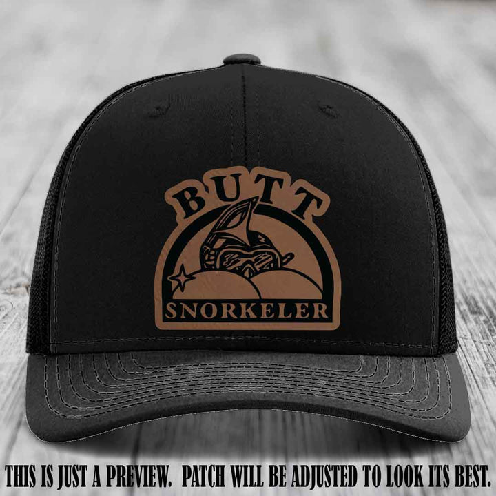 Dark Brown to Black Patch on Black Hat - Butt Snorkeler Richardson 112 Leather Patch Hat