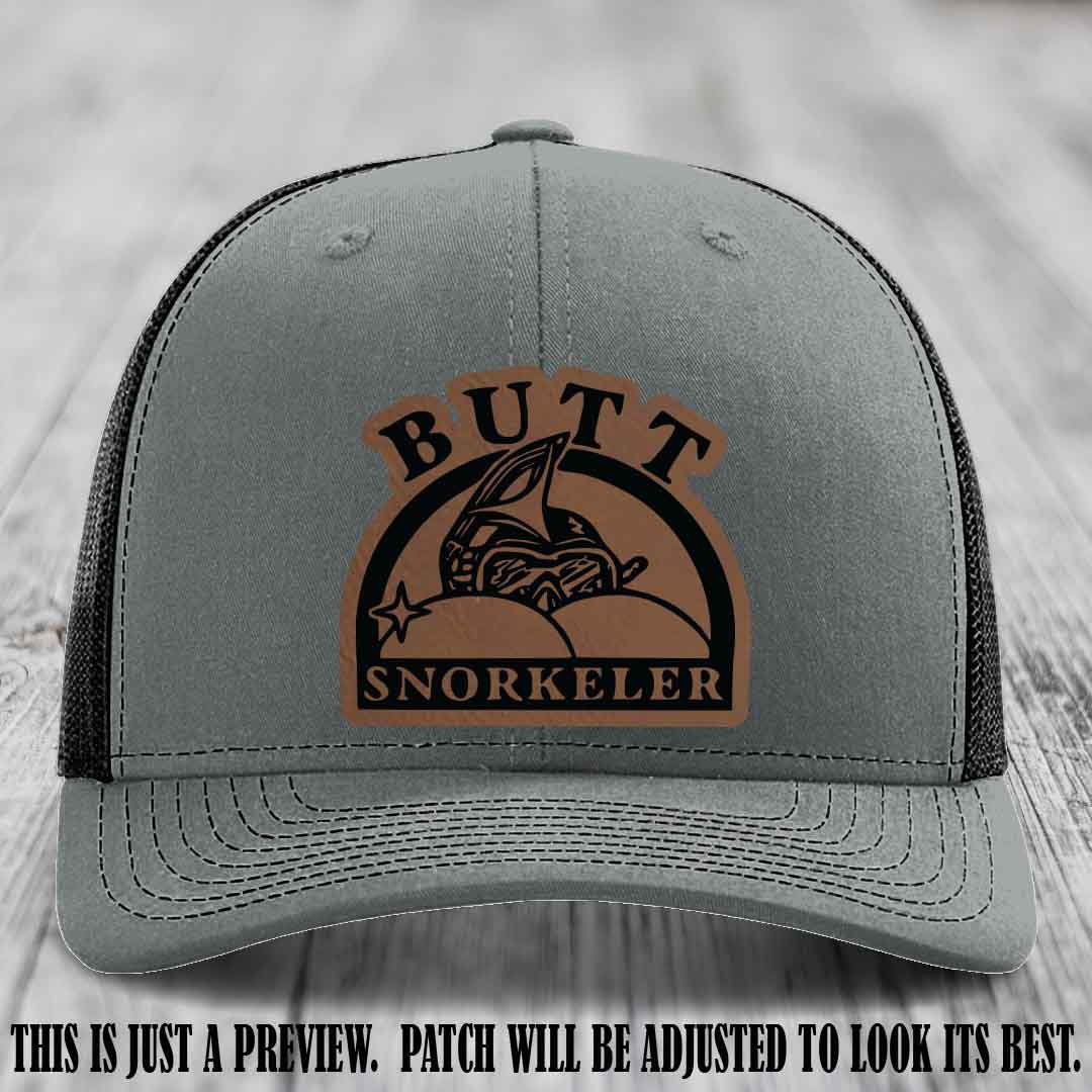 Dark Brown to Black Patch on Heather Grey to Black Hat - Butt Snorkeler Richardson 112 Leather Patch Hat