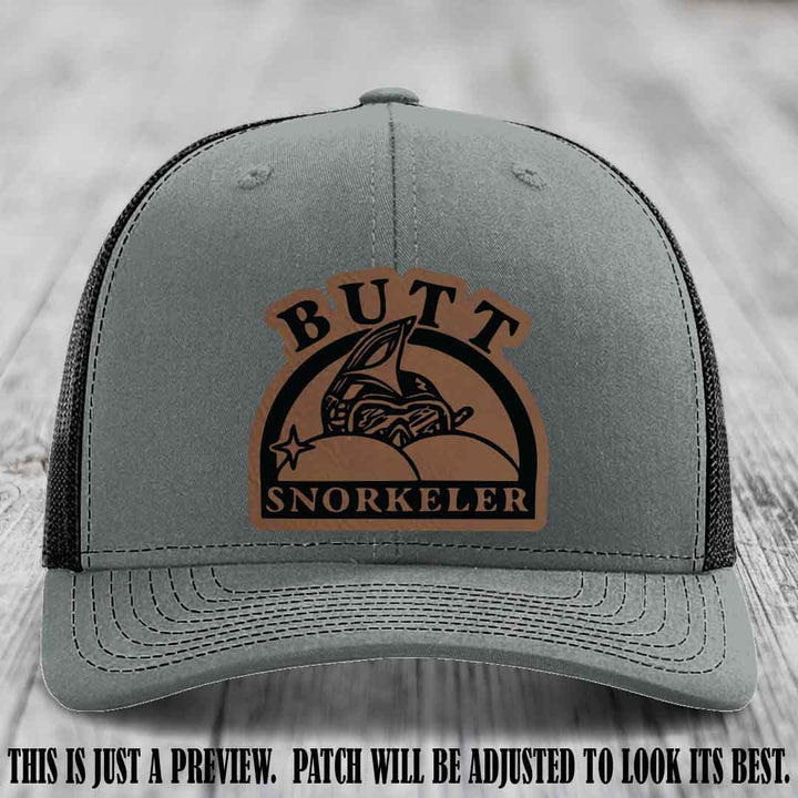 Dark Brown to Black Patch on Heather Grey to Black Hat - Butt Snorkeler Richardson 112 Leather Patch Hat