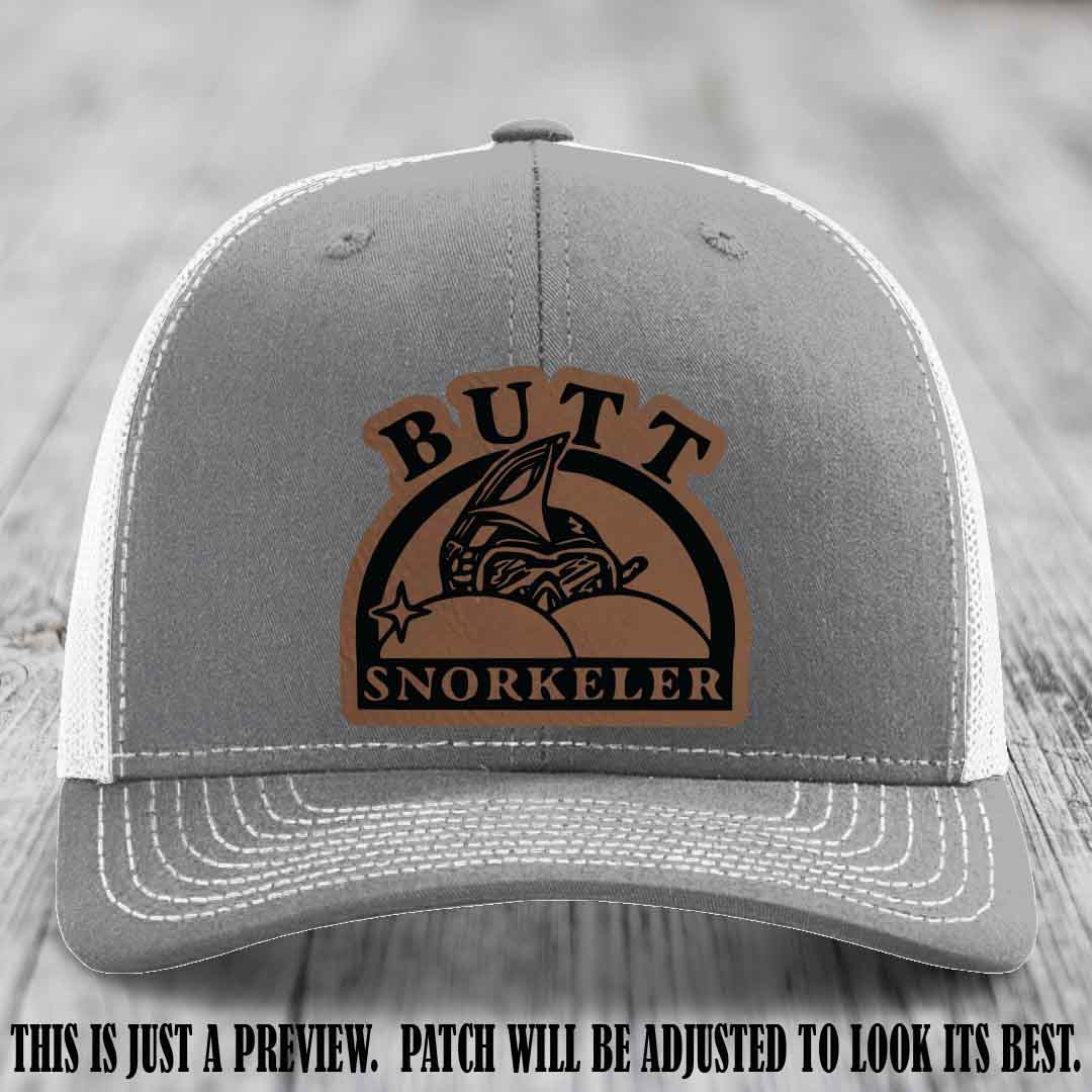 Dark Brown to Black Patch on Heather Grey to White Hat - Butt Snorkeler Richardson 112 Leather Patch Hat
