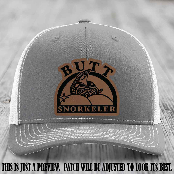 Dark Brown to Black Patch on Heather Grey to White Hat - Butt Snorkeler Richardson 112 Leather Patch Hat