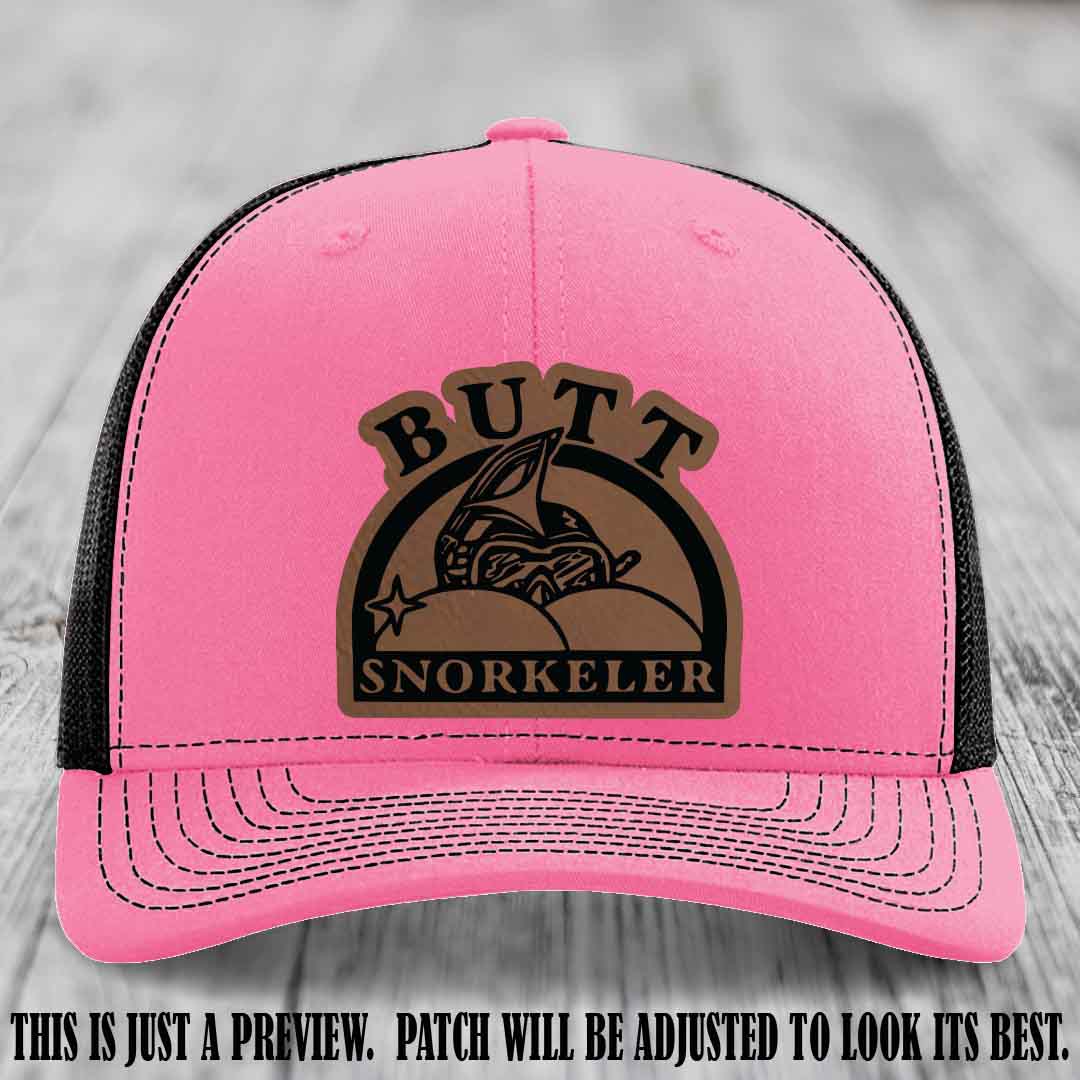 Dark Brown to Black Patch on Hot Pink to Black Hat - Butt Snorkeler Richardson 112 Leather Patch Hat