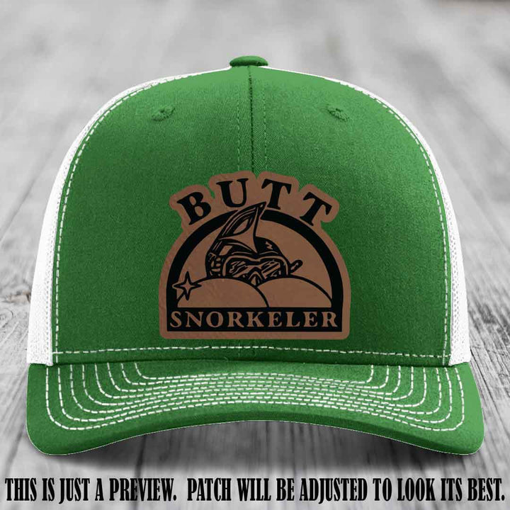 Dark Brown to Black Patch on Kelly to White Hat - Butt Snorkeler Richardson 112 Leather Patch Hat