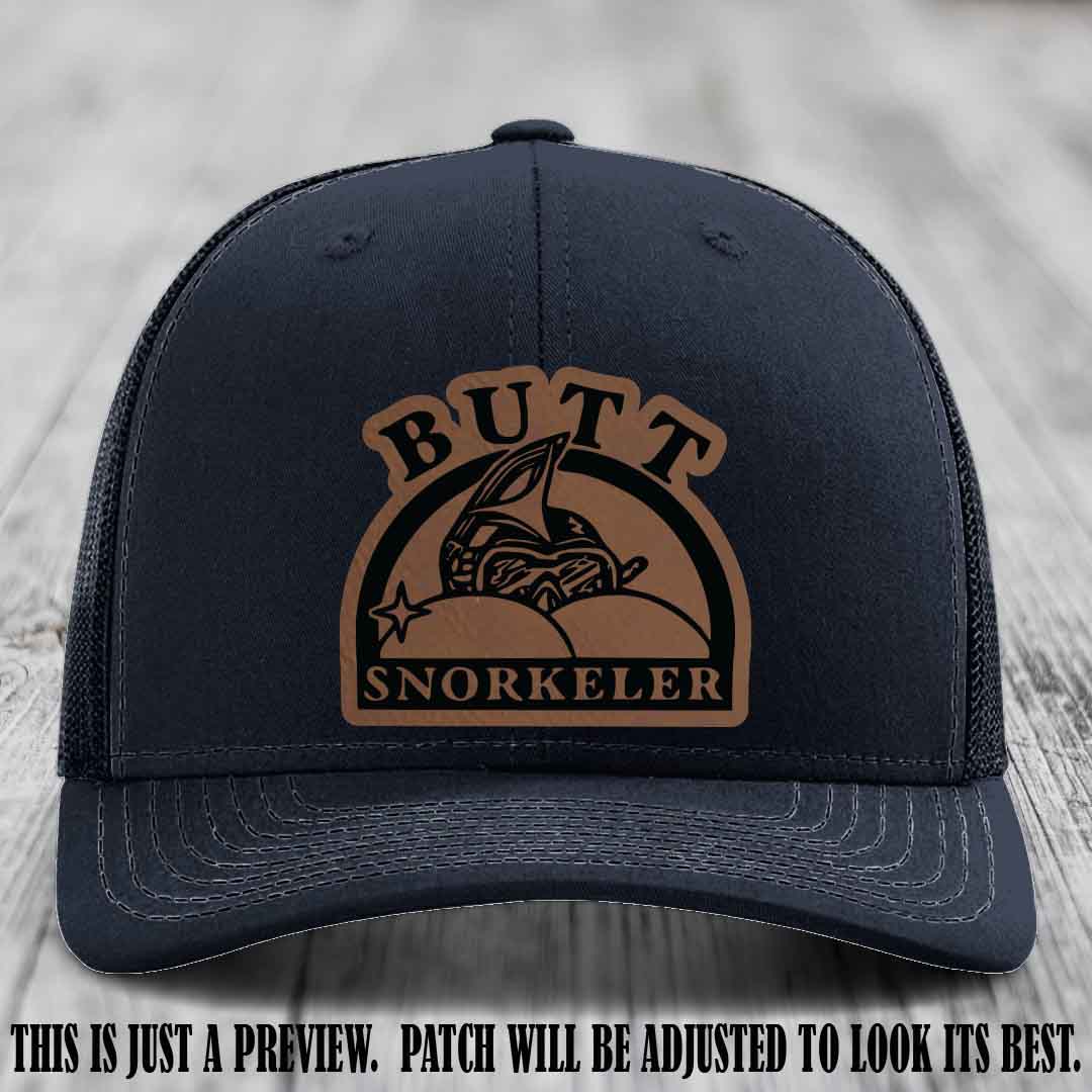 Dark Brown to Black Patch on Navy Hat - Butt Snorkeler Richardson 112 Leather Patch Hat