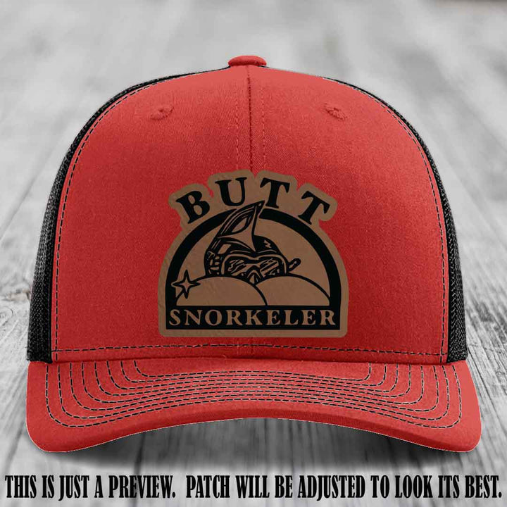 Dark Brown to Black Patch on Red to Black Hat - Butt Snorkeler Richardson 112 Leather Patch Hat
