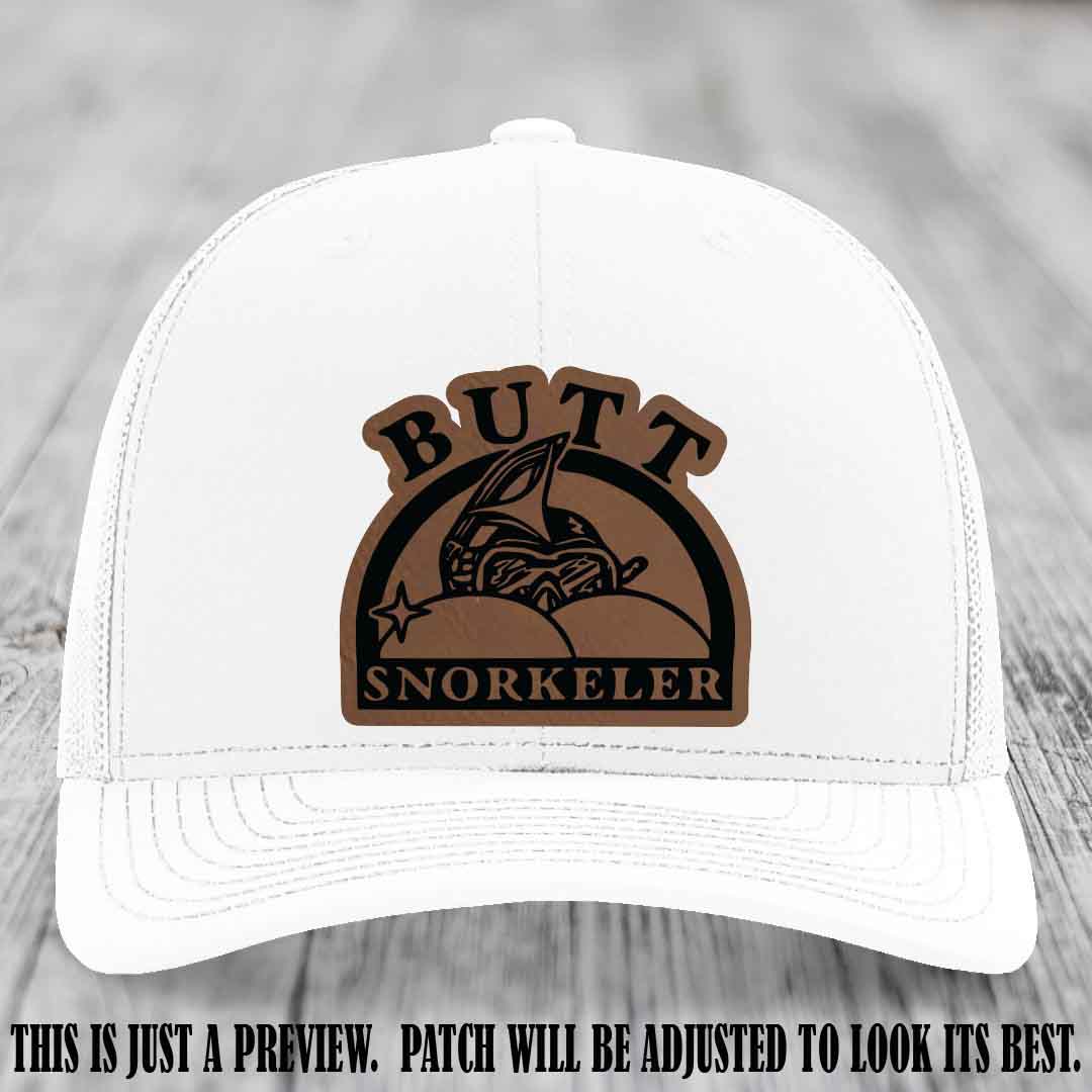 Dark Brown to Black Patch on White Hat - Butt Snorkeler Richardson 112 Leather Patch Hat