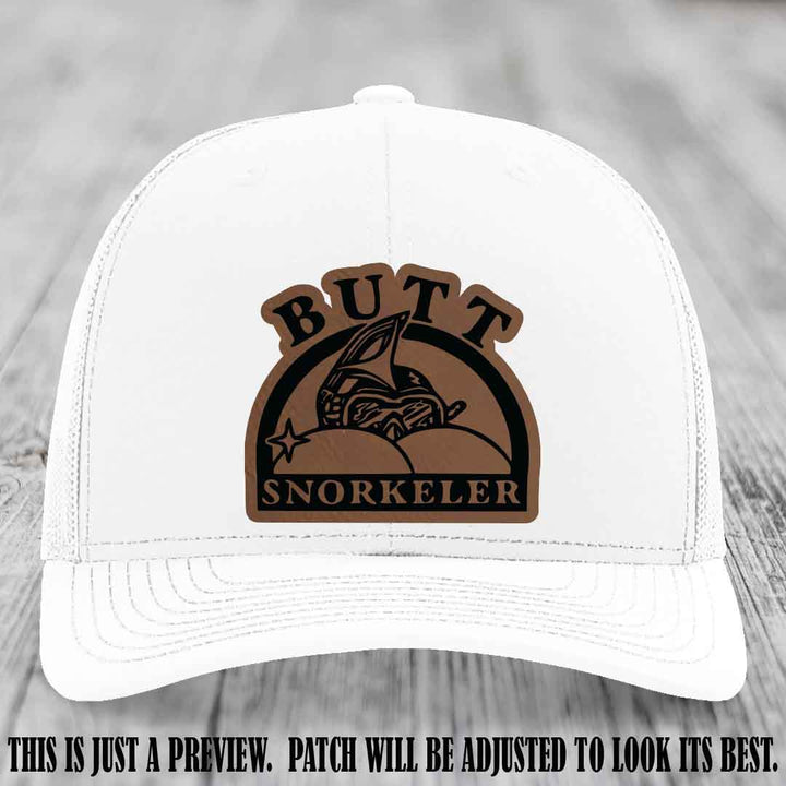 Dark Brown to Black Patch on White Hat - Butt Snorkeler Richardson 112 Leather Patch Hat
