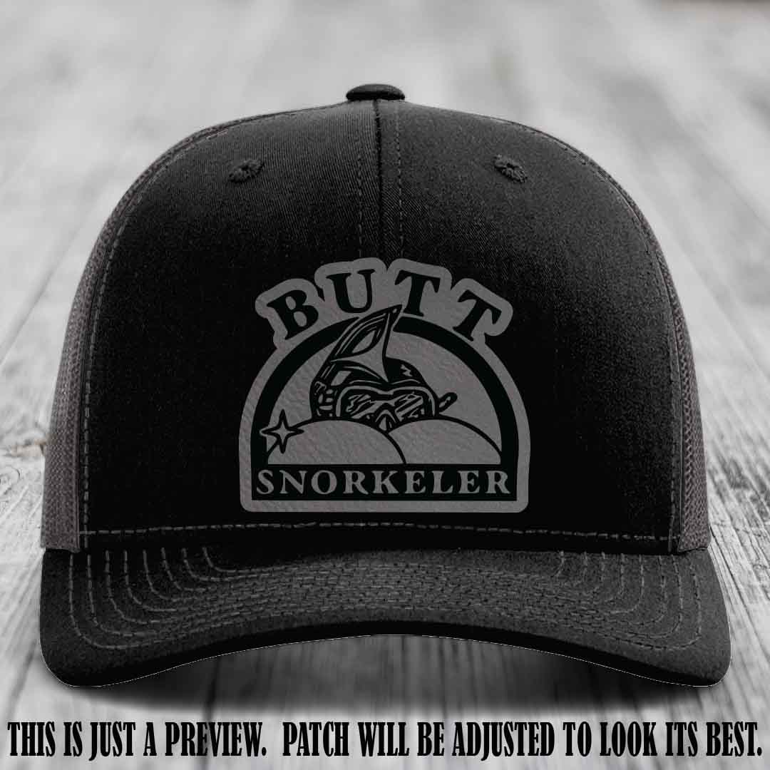 Grey to Black Patch on Black to Charcoal Hat - Butt Snorkeler Richardson 112 Leather Patch Hat