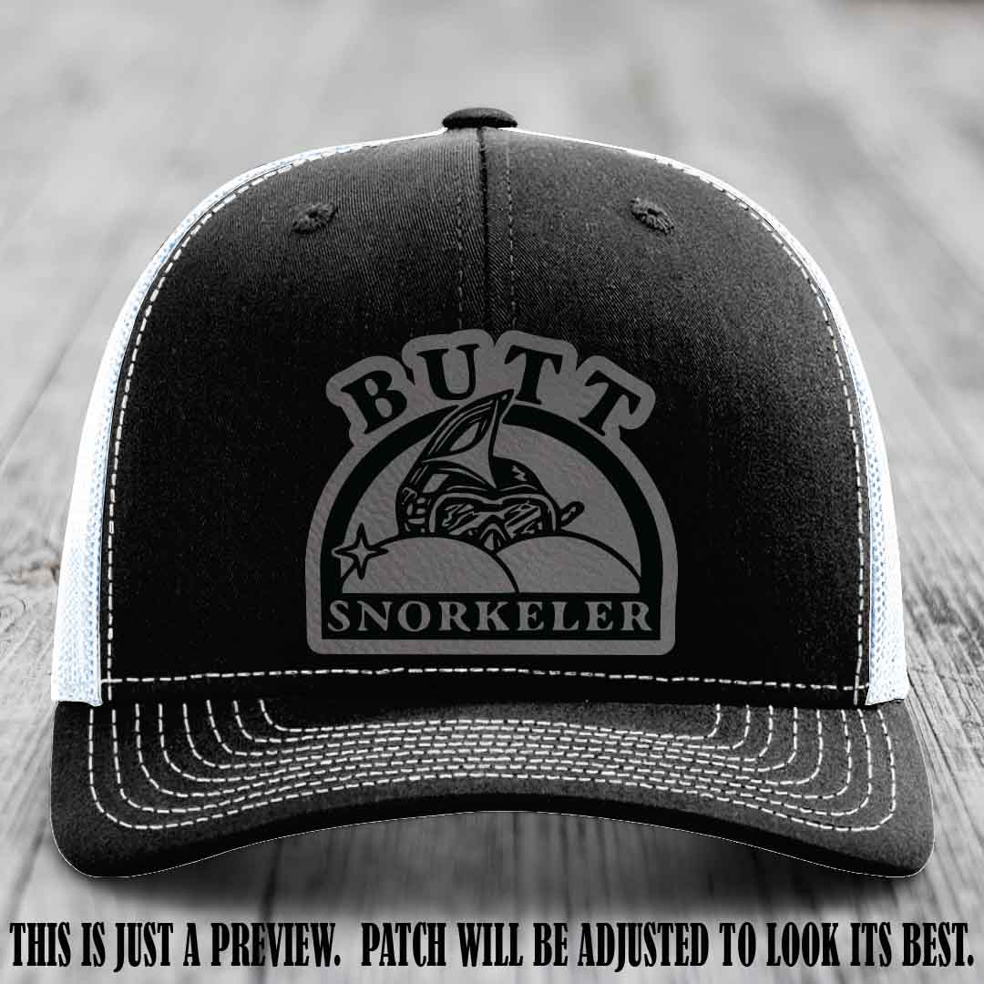 Grey to Black Patch on Black to White Hat - Butt Snorkeler Richardson 112 Leather Patch Hat