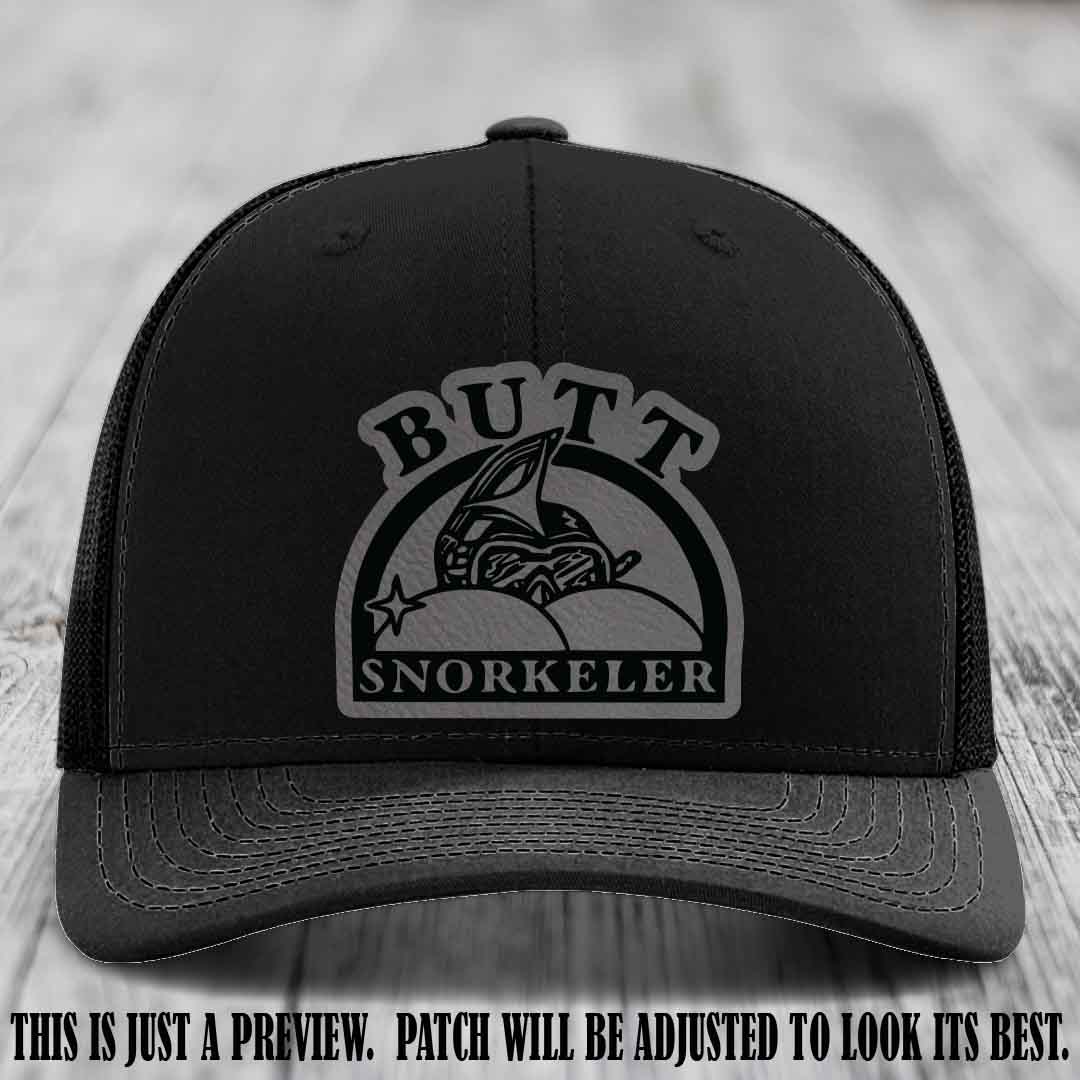 Grey to Black Patch on Black Hat - Butt Snorkeler Richardson 112 Leather Patch Hat