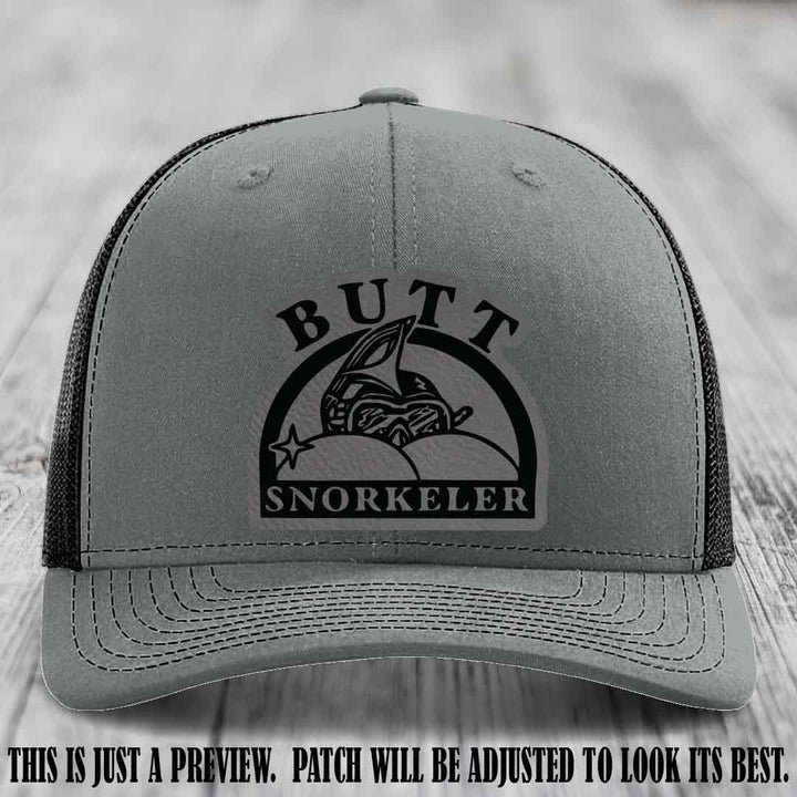 Grey to Black Patch on Heather Grey to Black Hat - Butt Snorkeler Richardson 112 Leather Patch Hat