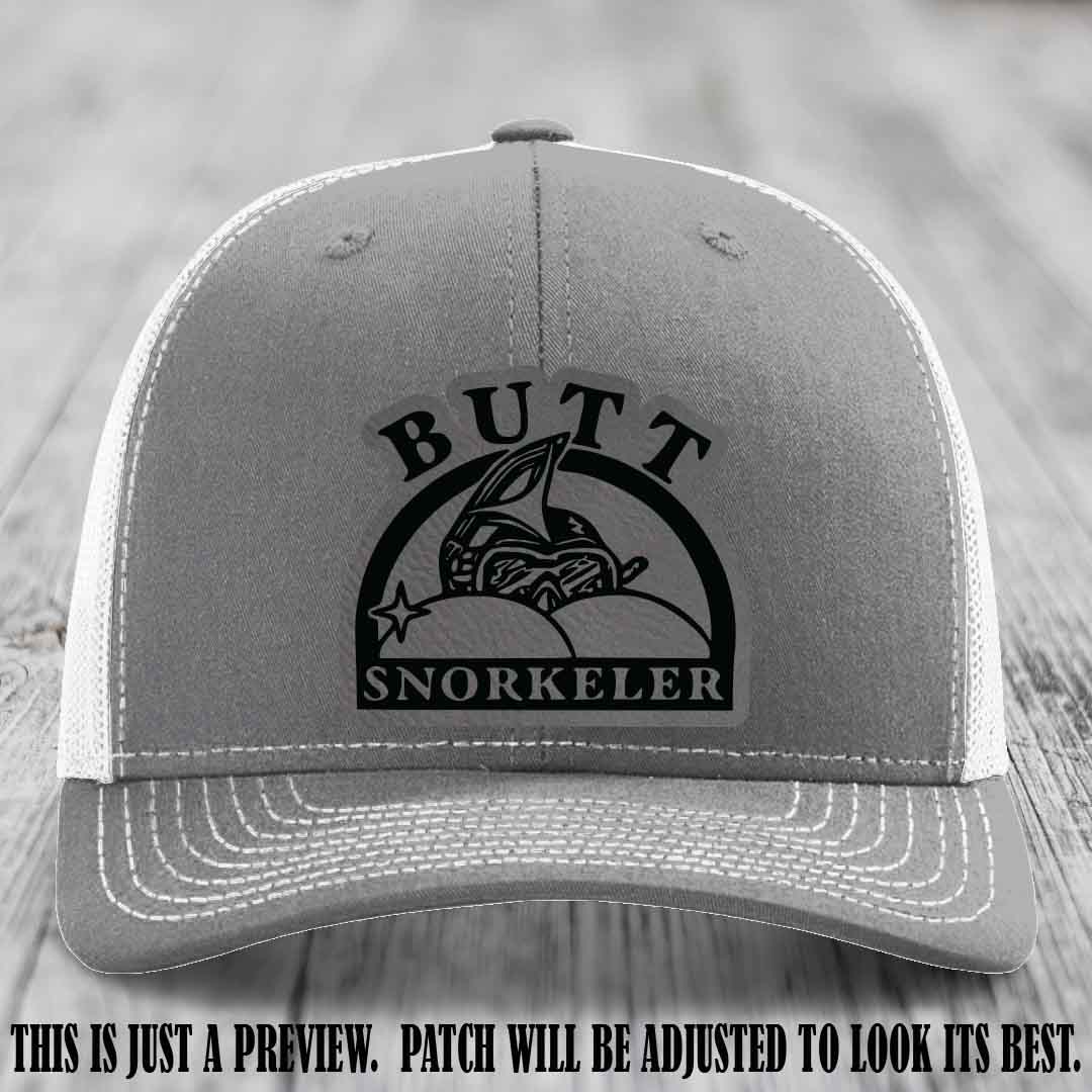 Grey to Black Patch on Heather Grey to White Hat - Butt Snorkeler Richardson 112 Leather Patch Hat