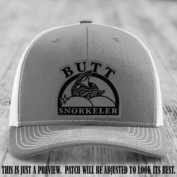 Grey to Black Patch on Heather Grey to White Hat - Butt Snorkeler Richardson 112 Leather Patch Hat