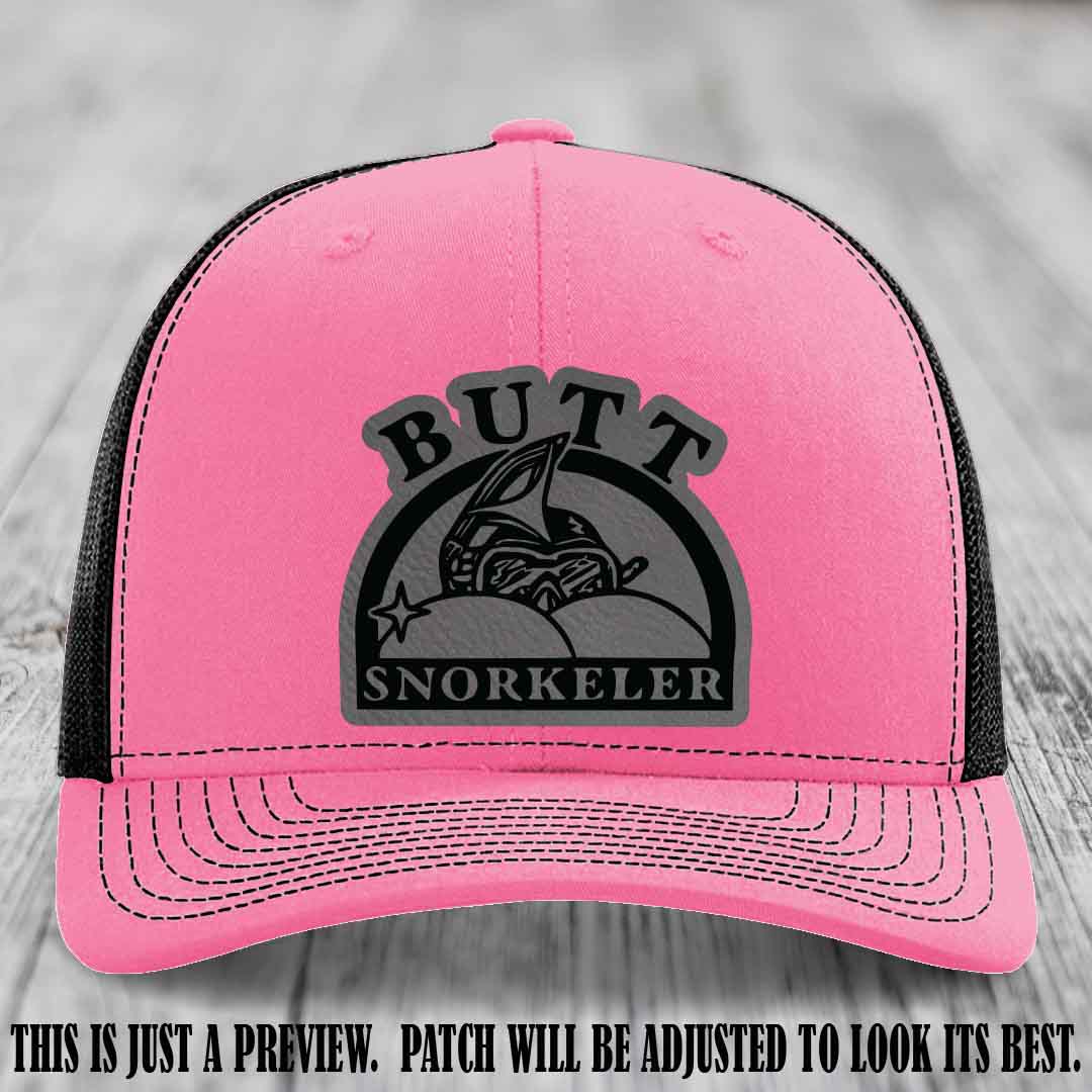Grey to Black Patch on Hot Pink to Black Hat - Butt Snorkeler Richardson 112 Leather Patch Hat