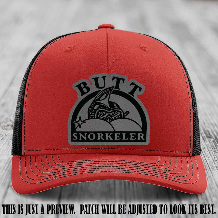 Grey to Black Patch on Red to Black Hat - Butt Snorkeler Richardson 112 Leather Patch Hat