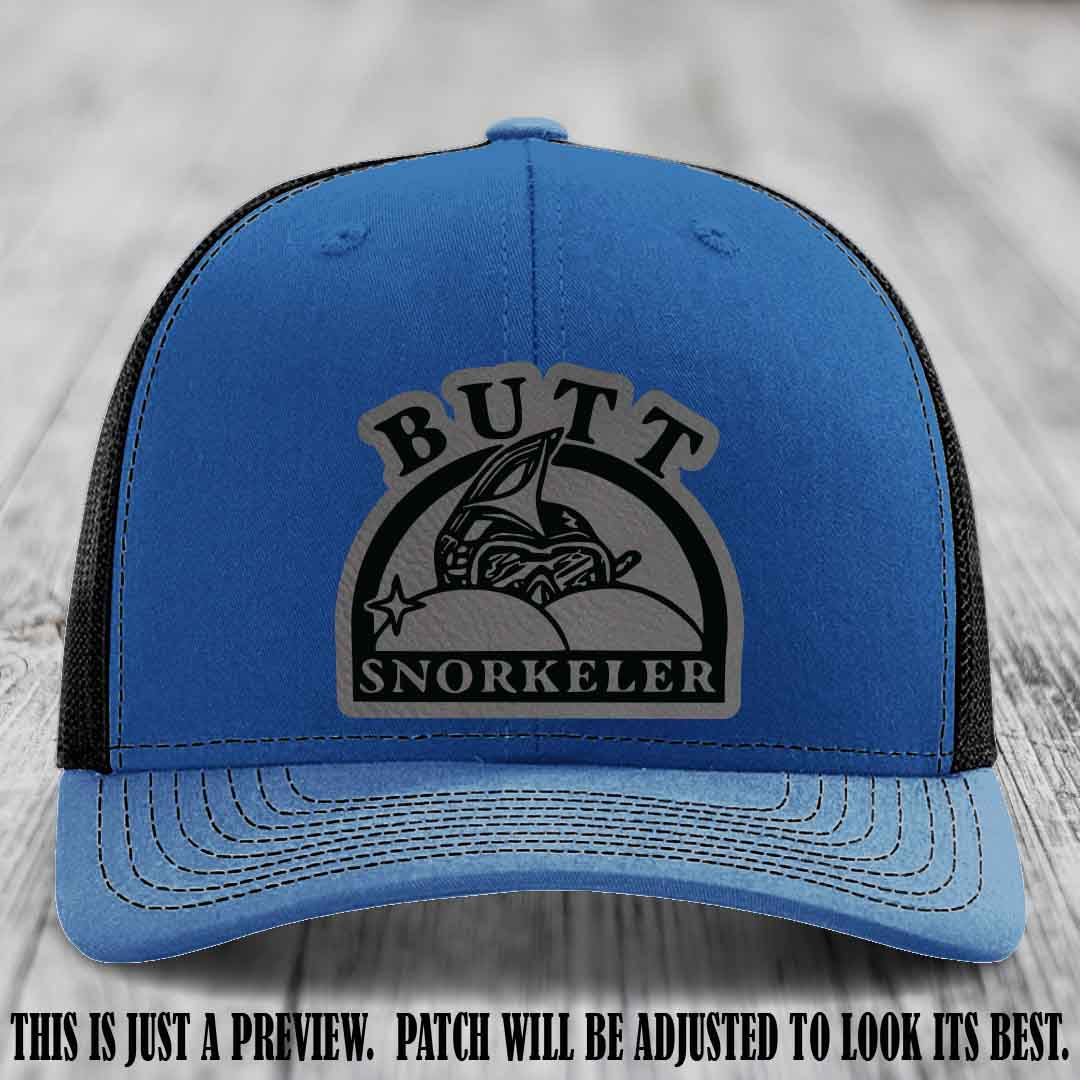 Grey to Black Patch on Royal to Black Hat - Butt Snorkeler Richardson 112 Leather Patch Hat