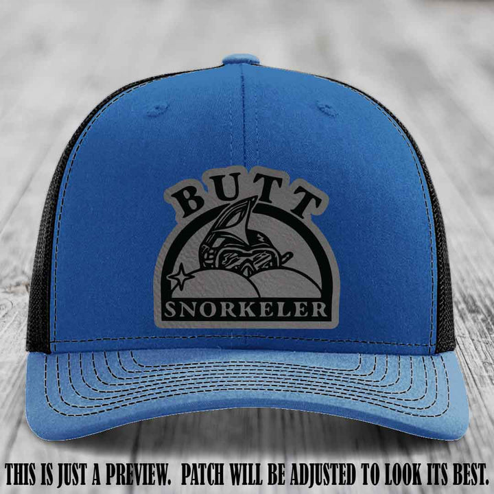 Grey to Black Patch on Royal to Black Hat - Butt Snorkeler Richardson 112 Leather Patch Hat