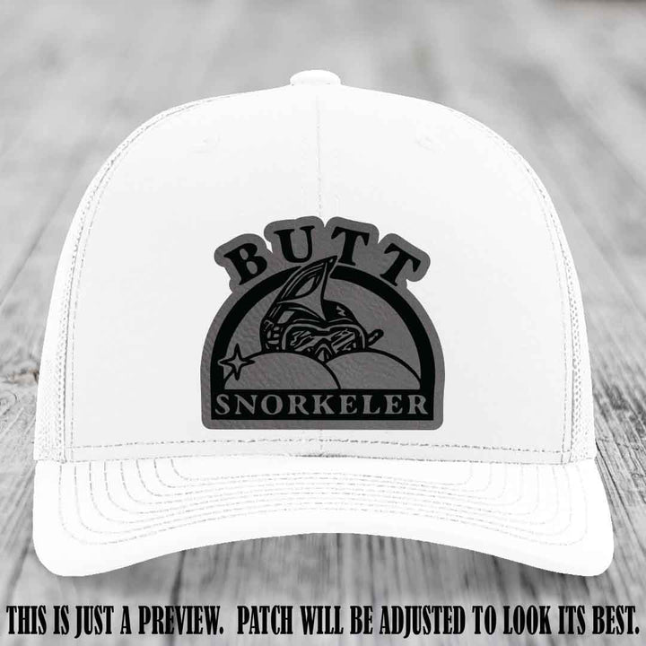 Grey to Black Patch on White Hat - Butt Snorkeler Richardson 112 Leather Patch Hat