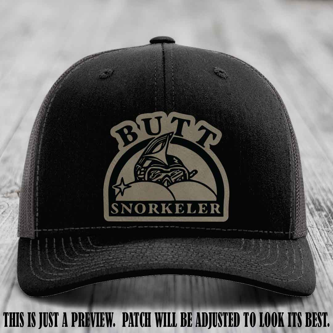 Light Brown to Black Patch on Black to Charcoal Hat - Butt Snorkeler Richardson 112 Leather Patch Hat