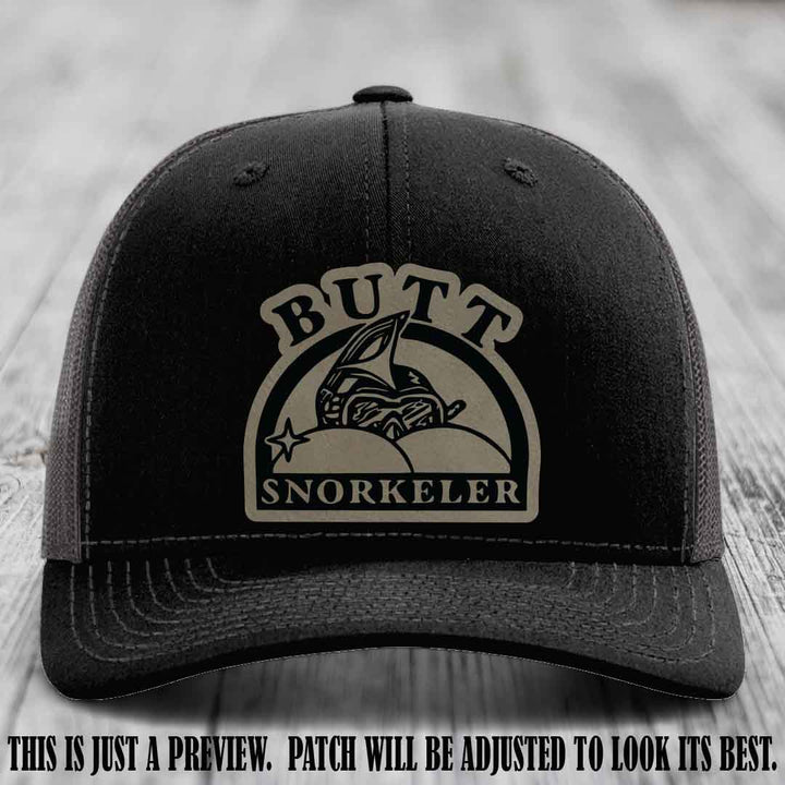 Light Brown to Black Patch on Black to Charcoal Hat - Butt Snorkeler Richardson 112 Leather Patch Hat