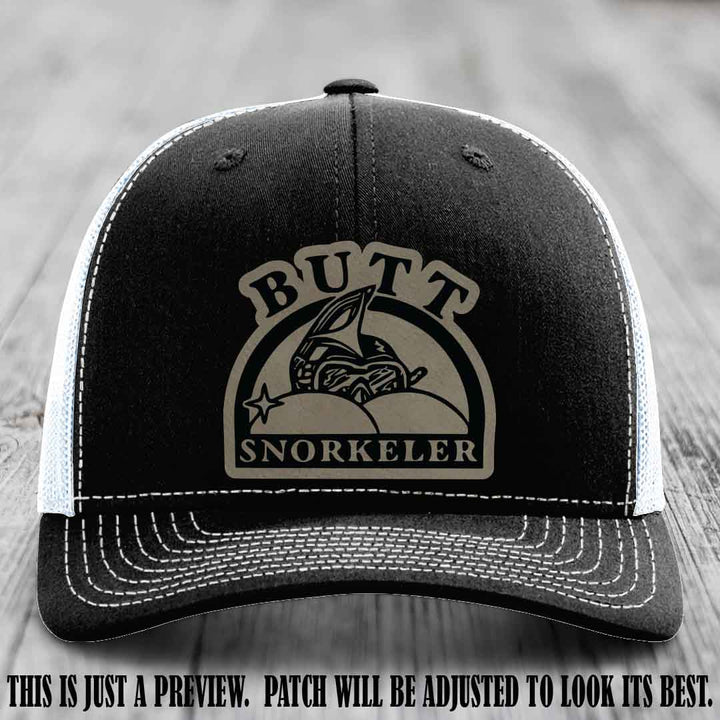 Light Brown to Black Patch on Black to White Hat - Butt Snorkeler Richardson 112 Leather Patch Hat
