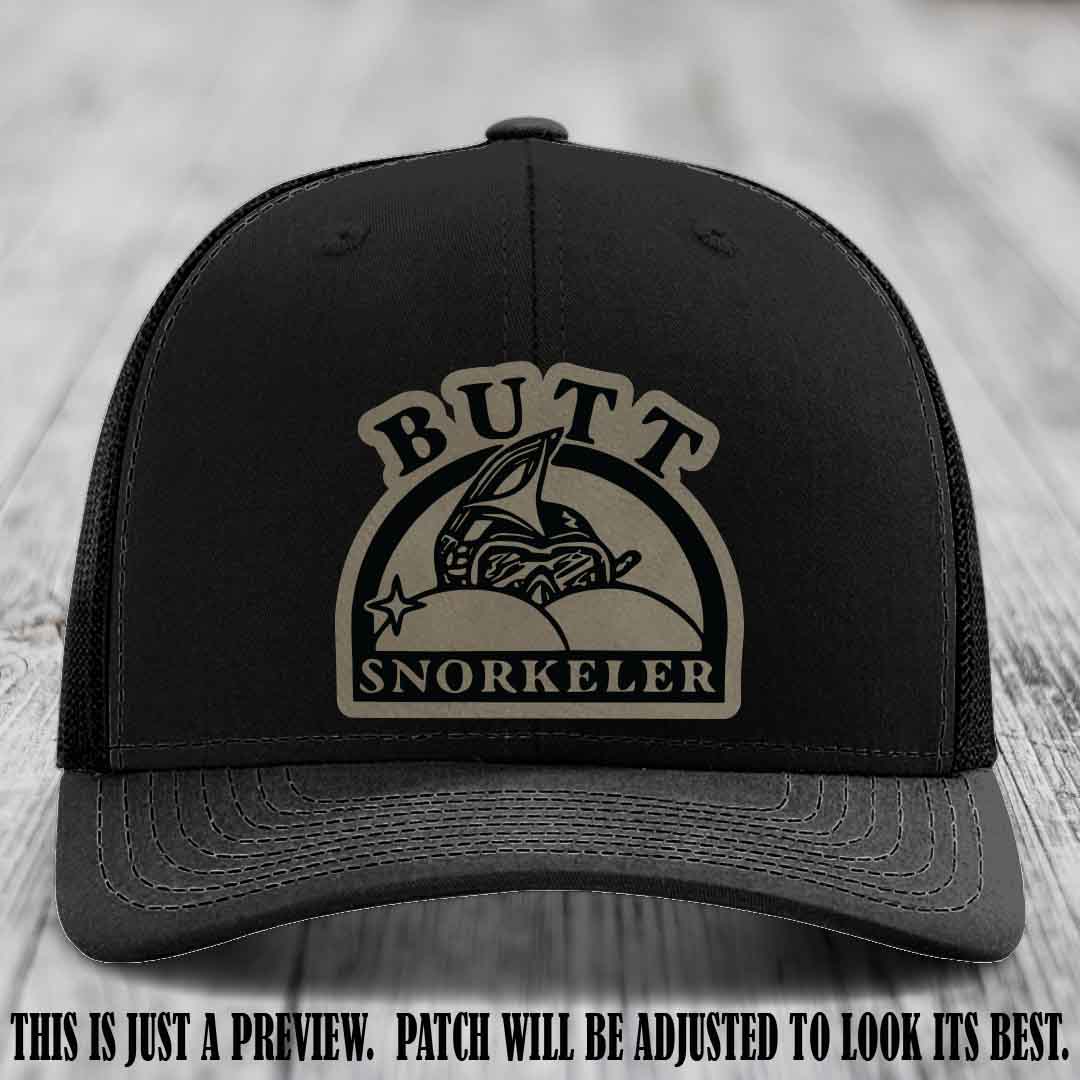 Light Brown to Black Patch on Black Hat - Butt Snorkeler Richardson 112 Leather Patch Hat