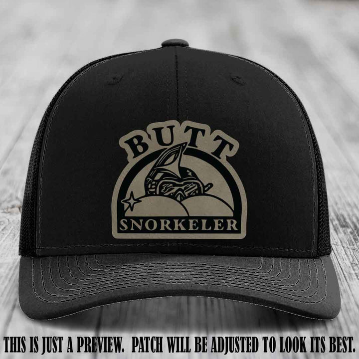 Light Brown to Black Patch on Black Hat - Butt Snorkeler Richardson 112 Leather Patch Hat