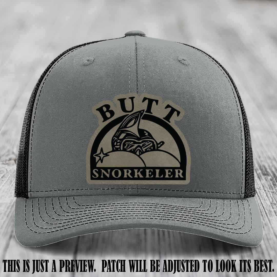 Light Brown to Black Patch on Heather Grey to Black Hat - Butt Snorkeler Richardson 112 Leather Patch Hat