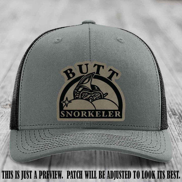 Light Brown to Black Patch on Heather Grey to Black Hat - Butt Snorkeler Richardson 112 Leather Patch Hat