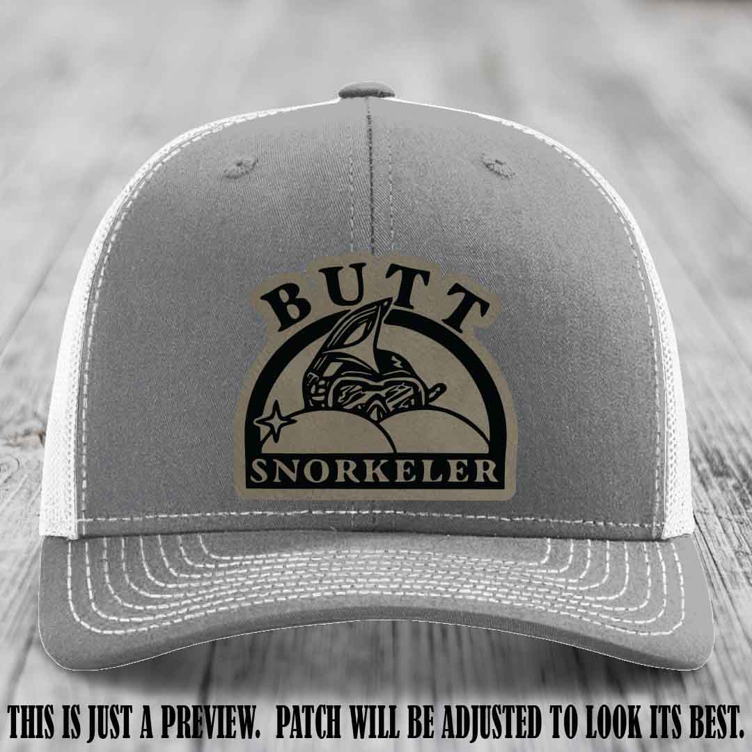 Light Brown to Black Patch on Heather Grey to White Hat - Butt Snorkeler Richardson 112 Leather Patch Hat
